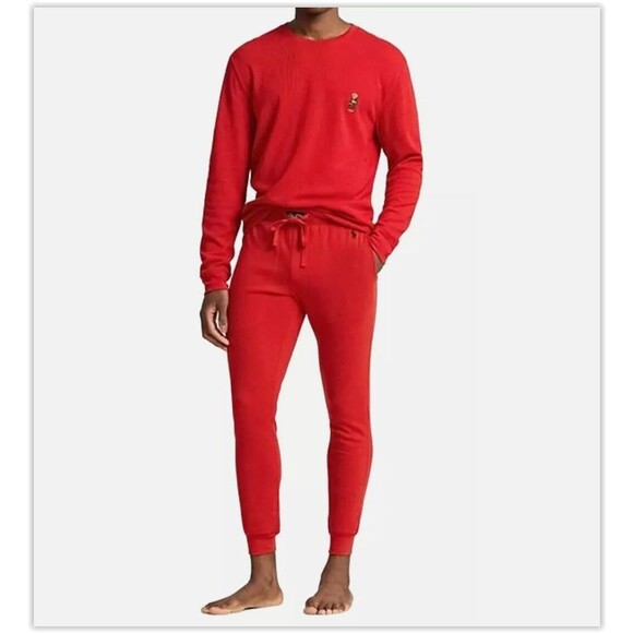 NWT Polo Ralph Lauren Coffee Polo Bear Red Waffle Thermal Pajama Sleep Set , M - Picture 2 of 6